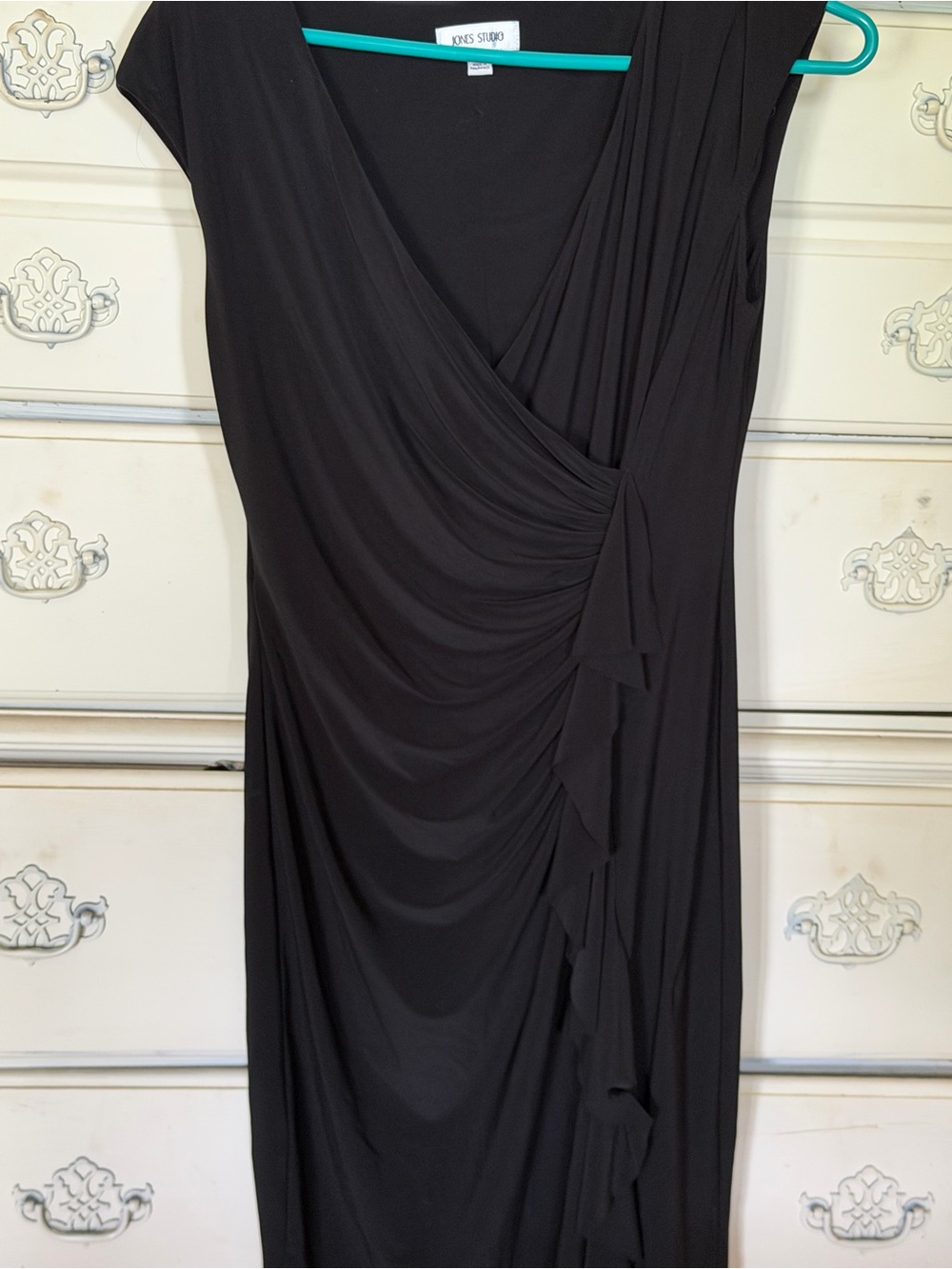 Jones Studio Black Draped Ruched Midi Dress